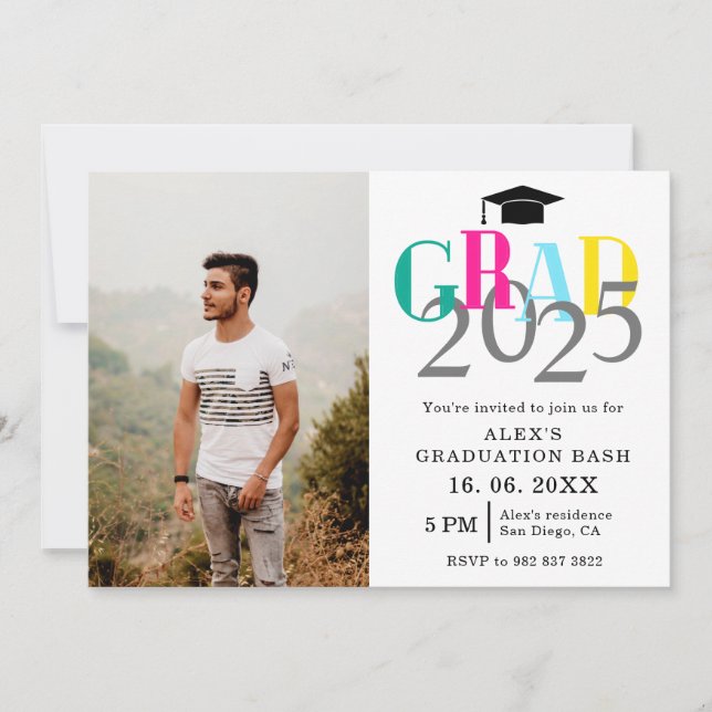 Colourful GRAD 2025 Photo Graduation Party Invite (Front)