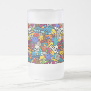 Colourful Graffiti Characters Pattern Frosted Glass Beer Mug
