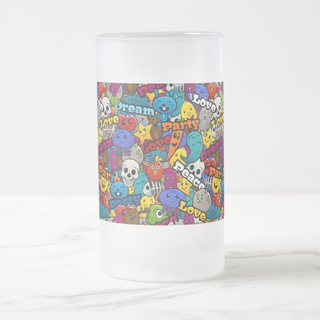 Colourful Graffiti Characters Pattern Frosted Glass Beer Mug (Center)