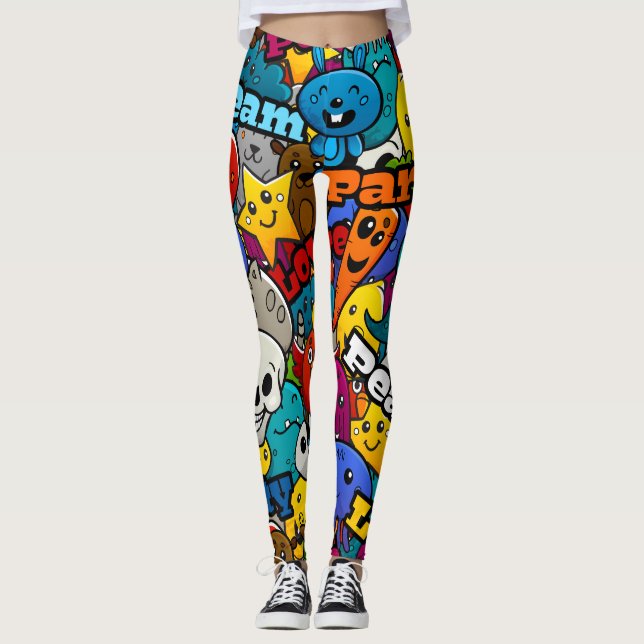 Colourful Graffiti Characters Pattern Leggings (Front)