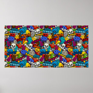 Colourful Graffiti Characters Pattern Poster