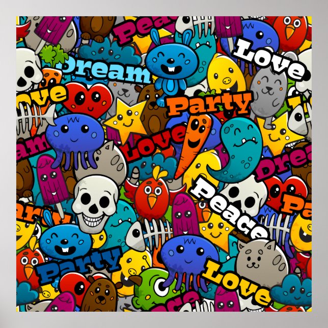 Colourful Graffiti Characters Pattern Poster (Front)