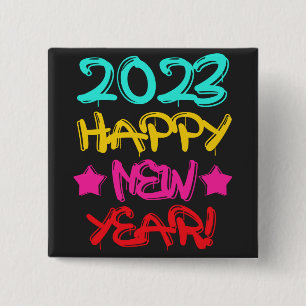 Colourful Graffiti Happy New Year 2023 in Retro 15 Cm Square Badge
