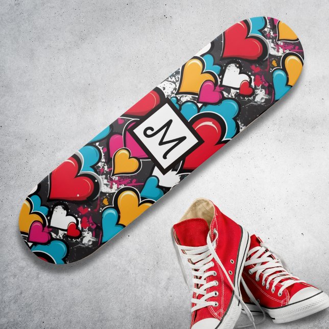 Colourful Graffiti Hearts Trendy Monogrammed Skateboard (A skateboard with colorful graffiti hearts in a street art style, with custom monogram initial)