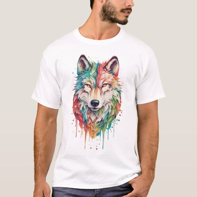 Colourful Graffiti Painted Wolf Portrait T-Shirt (Front)
