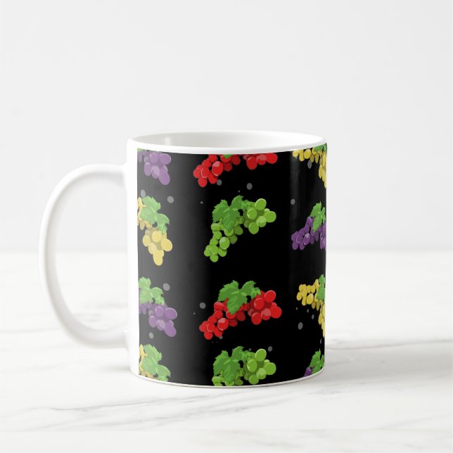 Colourful Grape Pattern on Black Background  Coffee Mug (Left)
