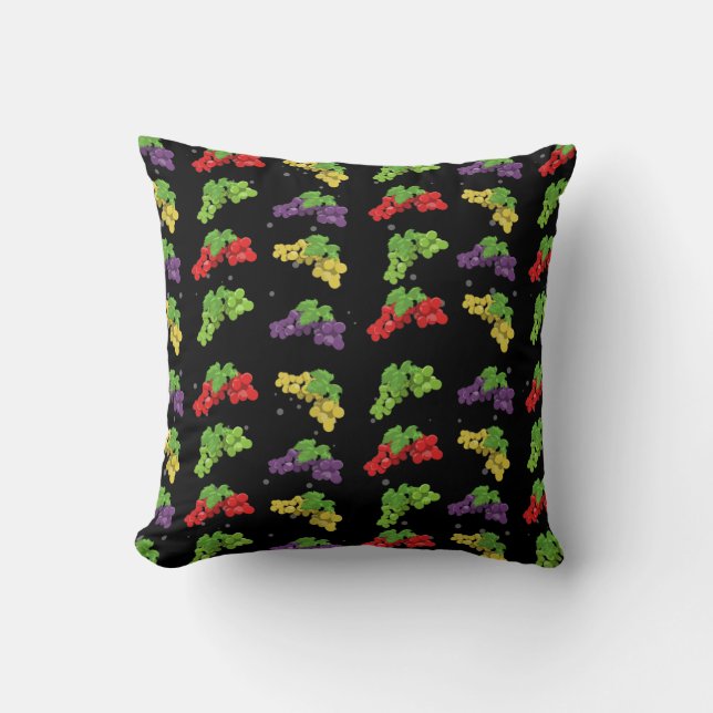 Colourful Grape Pattern on Black Background Cushion (Front)