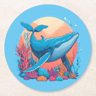 Colourful Graphic Design Of A Whale Round Paper Coaster