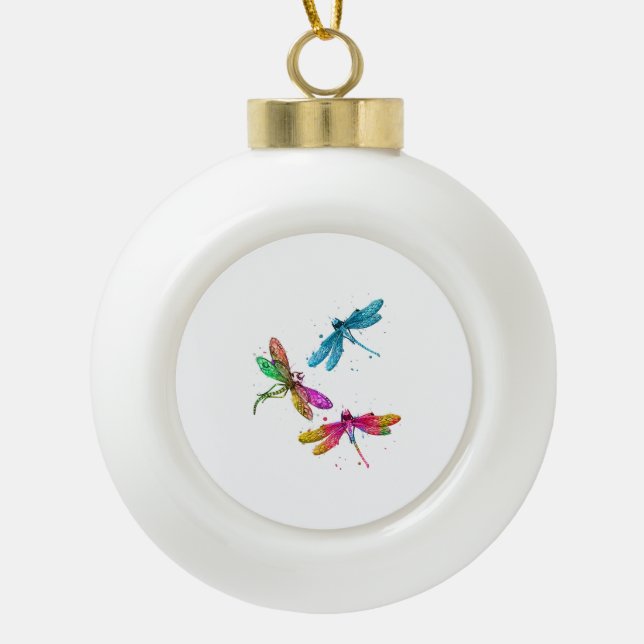Colourful Graphic Pattern Dragonfly Funny Flying Ceramic Ball Christmas Ornament (Front)