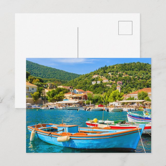 Colourful Greek fishing boats in port of Kioni Postcard (Front/Back)