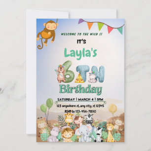 Colourful Green And Blue Safari Themed 6thBirthday Invitation