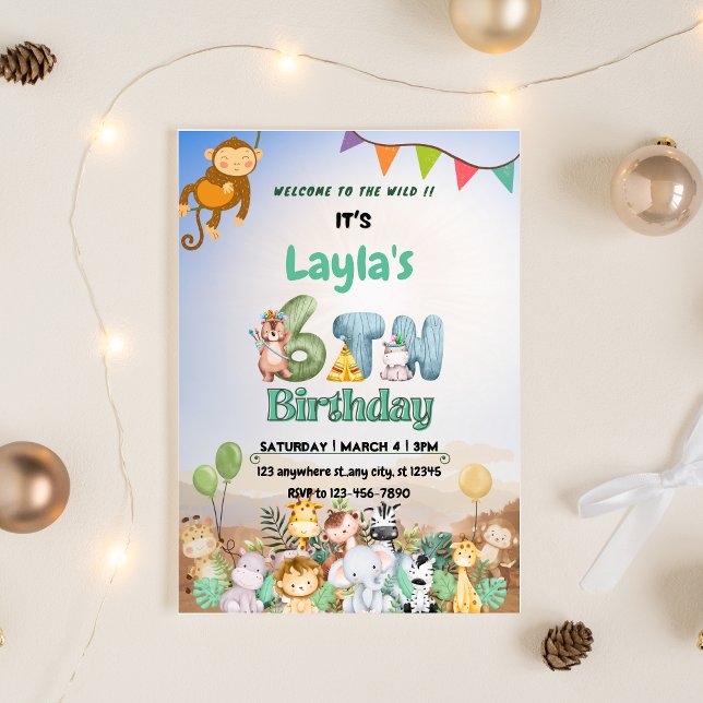 Colourful Green And Blue Safari Themed 6thBirthday Invitation (Colorful Green & Blue Safari 6th Birthday Invitation)