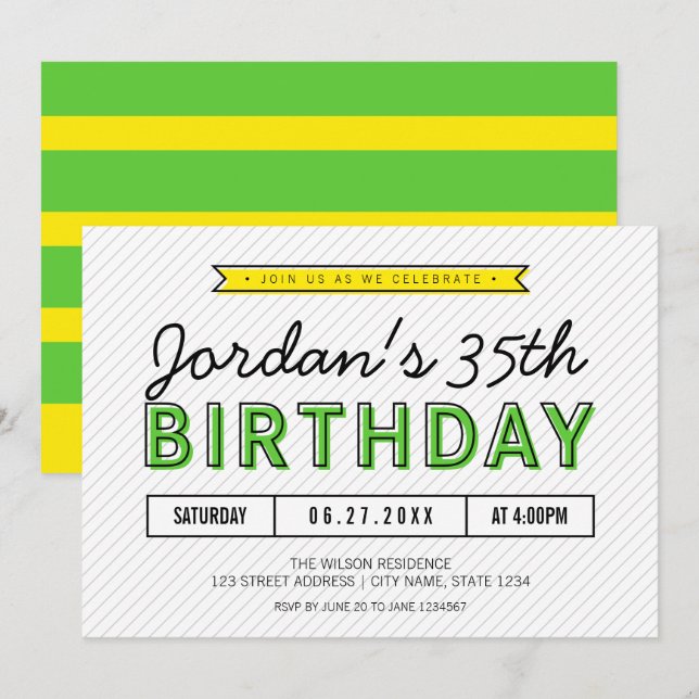 Colourful Green and Yellow Any Age Modern Birthday Invitation (Front/Back)