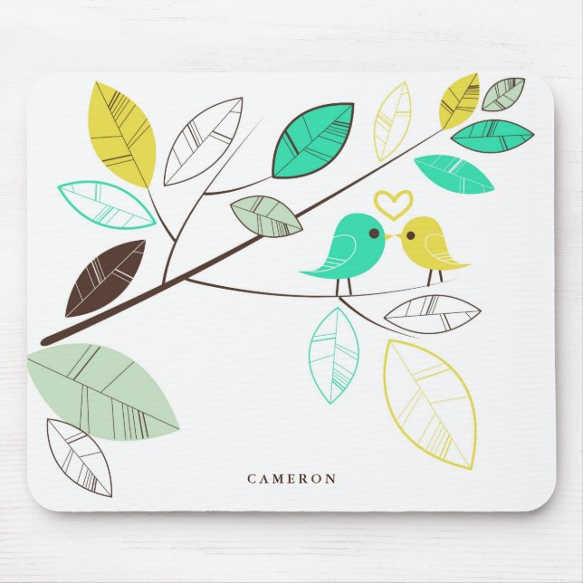 Colourful Green and Yellow Lovebirds Personalised Mouse Mat (Front)