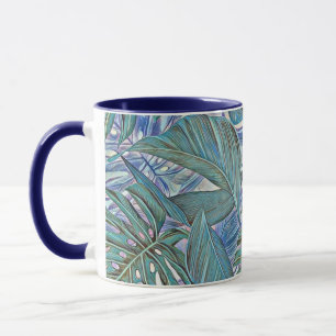 Colourful green blue tropical leaves watercolor mug