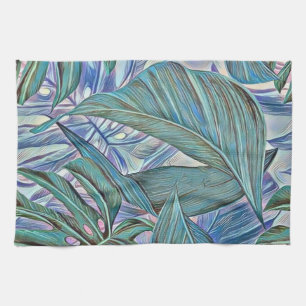 Colourful green blue tropical leaves watercolor tea towel
