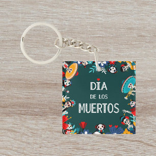 Colourful Green Dia de los Muertos Circle of Life Key Ring