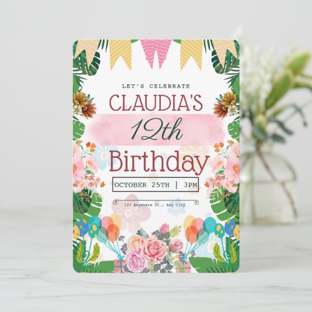 Colourful Green Floral Birthday Party Invitation (Standing Front)
