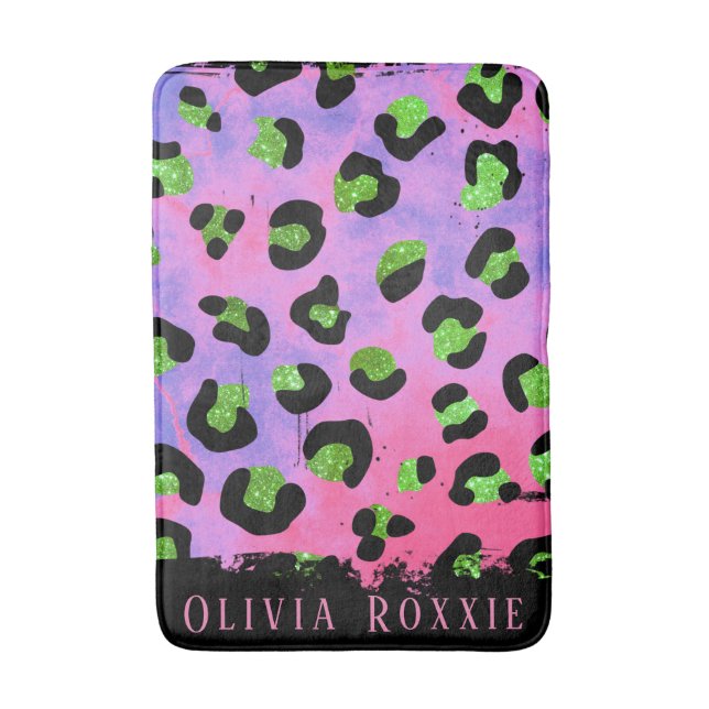Colourful Green Glitter Leopard Print Custom Bath Mat (Front Vertical)