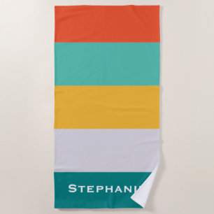 Colourful Green Grey Orange Abstract Stripes Name Beach Towel