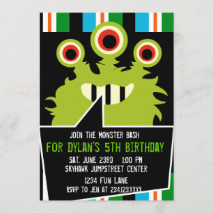 Colourful Green Monster Birthday Party Invitations