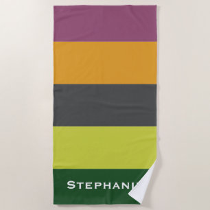Colourful Green Orange Brown Abstract Stripes Name Beach Towel