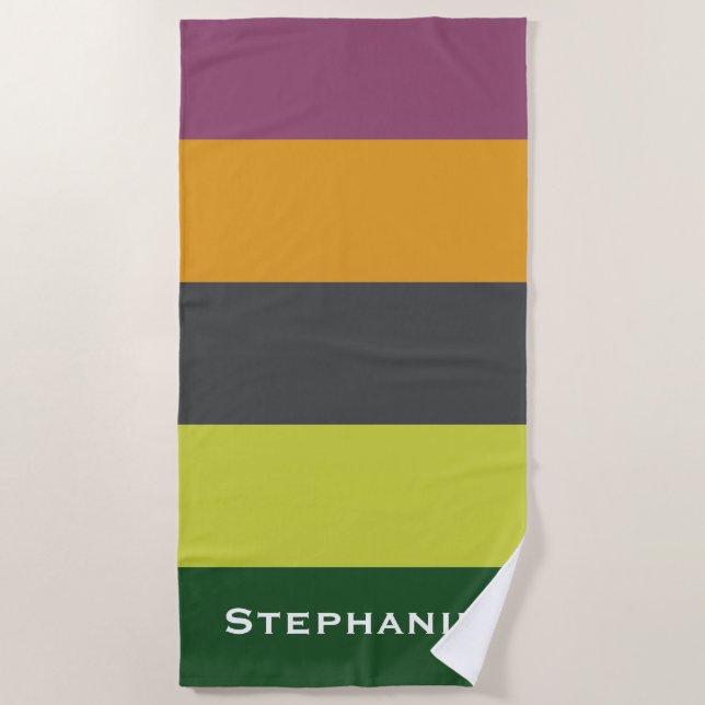 Colourful Green Orange Brown Abstract Stripes Name Beach Towel (Front)