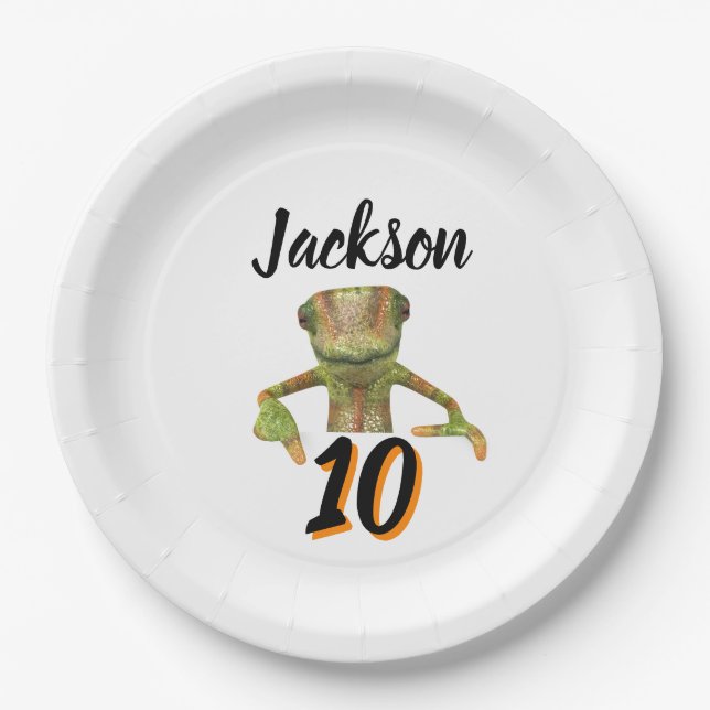 Colourful Green & Orange Lizard Birthday Party  Paper Plate (Front)