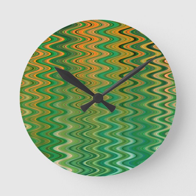 Colourful Green Orange Zigzag Pattern Round Clock (Front)