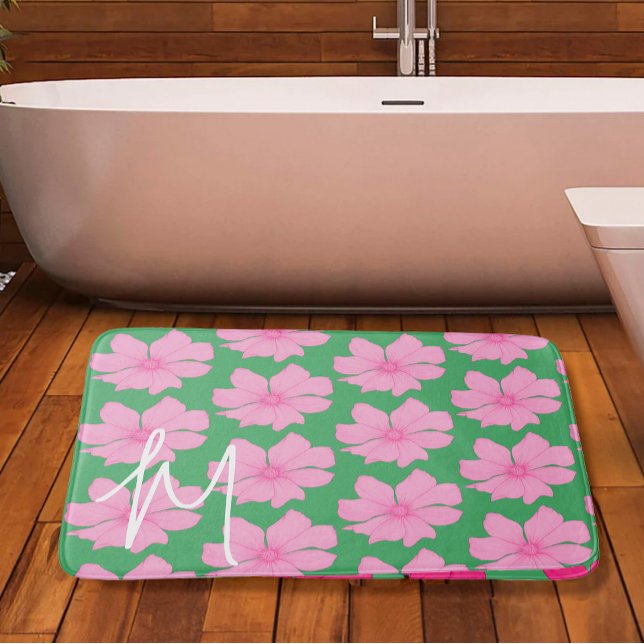 Colourful Green Pink Floral Modern Monogram Bath M Bath Mat (Creator Uploaded)