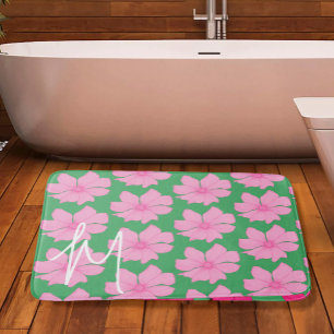 Colourful Green Pink Floral Modern Monogram Bath M Mat