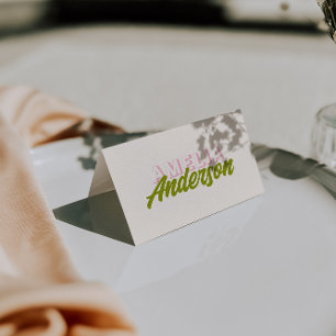 Colourful Green Pink Retro Funk Wedding Place Card