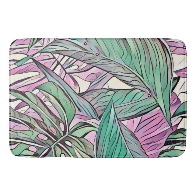 Colourful green pink tropical leaves pop art bath mat (Front)