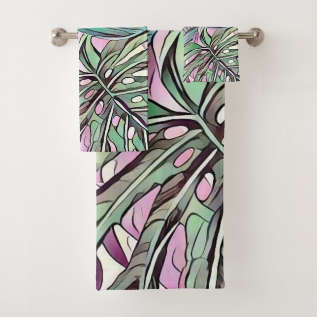Colourful green pink tropical leaves pop art bath towel set (Insitu)