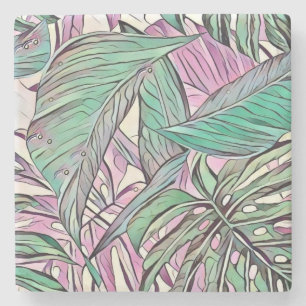 Colourful green pink tropical leaves pop art stone coaster