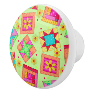 Colourful Green Quilt Patchwork Block Art Ceramic Knob