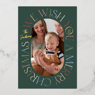 Colourful Green Retro Christmas Photo Foil Holiday Card