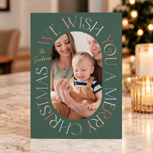 Colourful Green Retro Christmas Photo Foil Holiday Card