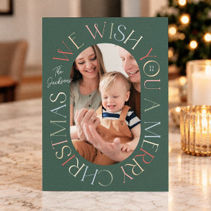 Colourful Green Retro Christmas Photo Holiday Card