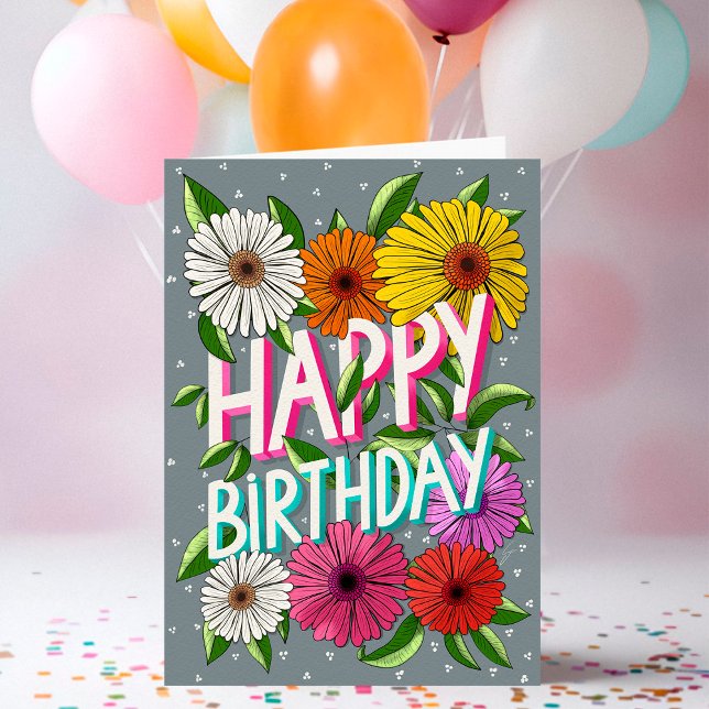 Colourful Grey Floral Personalised Happy Birthday Card (Creator Uploaded)