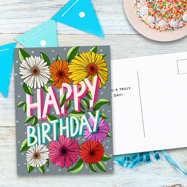 Colourful Grey Floral Personalised Happy Birthday Postcard (Creator Uploaded)