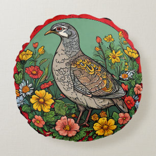 Colourful Grey partridge Bird Round Cushion