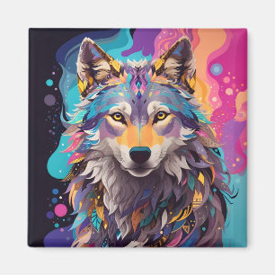 Colourful Grey Wolf Neon Colours Magnet