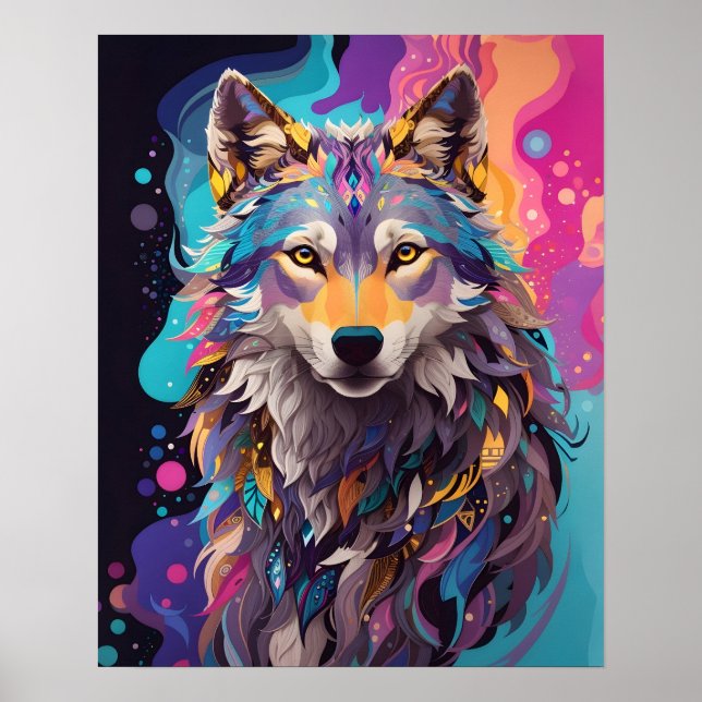 Colourful Grey Wolf Neon Colours Poster (Front)