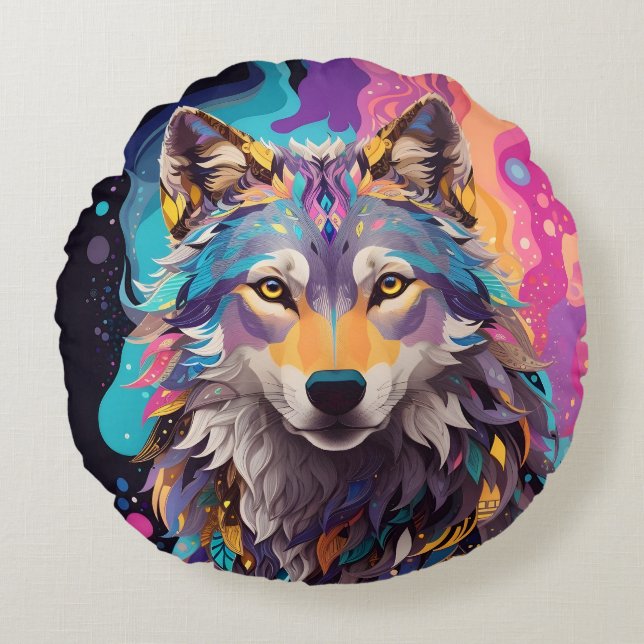 Colourful Grey Wolf Neon Colours Round Cushion (Front)