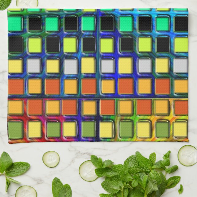Colourful Grid-Tiled by Shirley Taylor Tea Towel (Folded)
