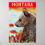 Colourful Grizzly Bear Pop Art Montana Travel Poster<br><div class="desc">This is a modern digital pop art style creative wildlife portrait of a grizzly bear on a colourful background with shades of red, orange, blue and yellow. I added a typography element at the top with the word: Montana in a distressed yellow all caps font to give it a travel...</div>
