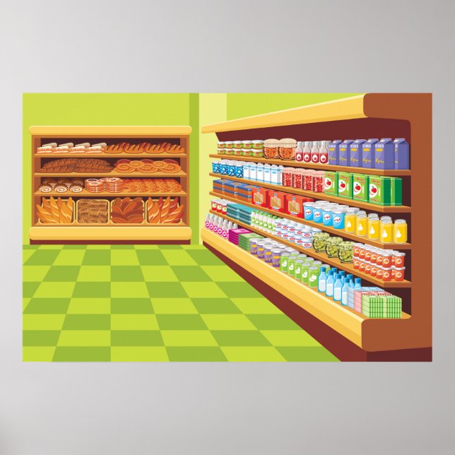 Colourful Grocery Store Aisle and Bakery  Poster (Front)
