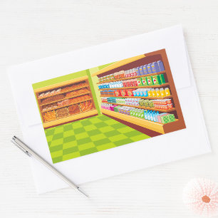 Colourful Grocery Store Aisle and Bakery Rectangular Sticker