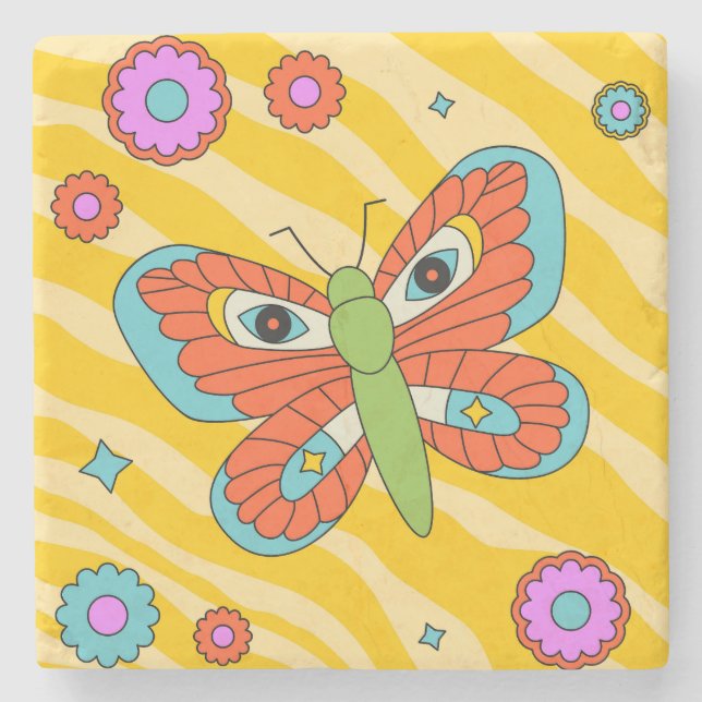 Colourful Groovy Butterfly and Daisies Stone Coaster (Front)